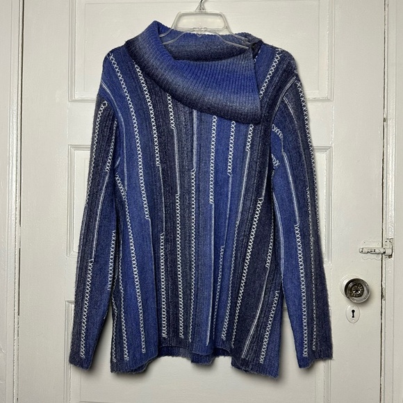 Ali Miles Split Neck Knit Sweater Blue Stripe Long Sleeve Cozy Casual Lagenlook - Picture 16 of 17